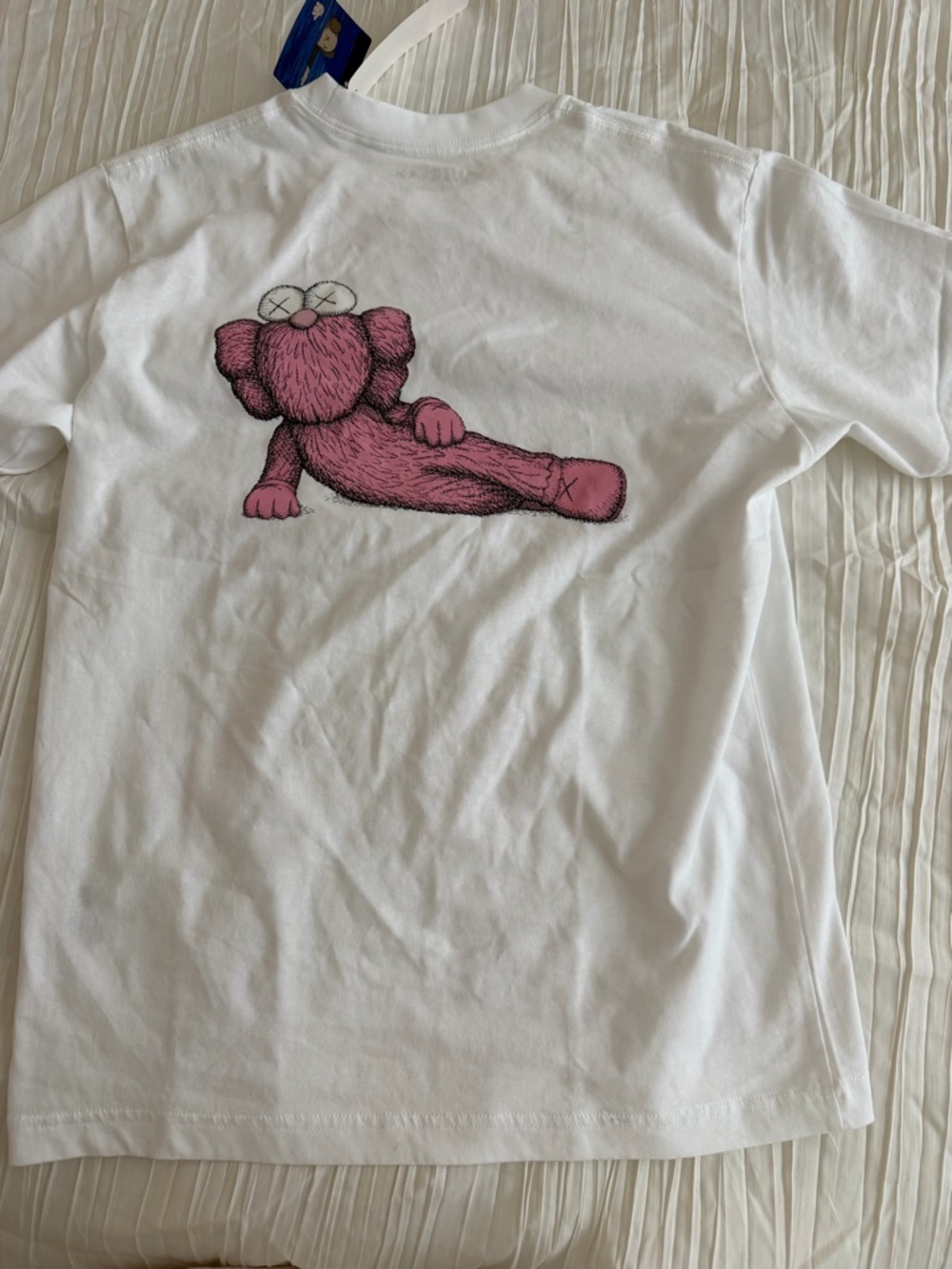 Uniqlo White Tee with Blue & Pink Graphic Tag